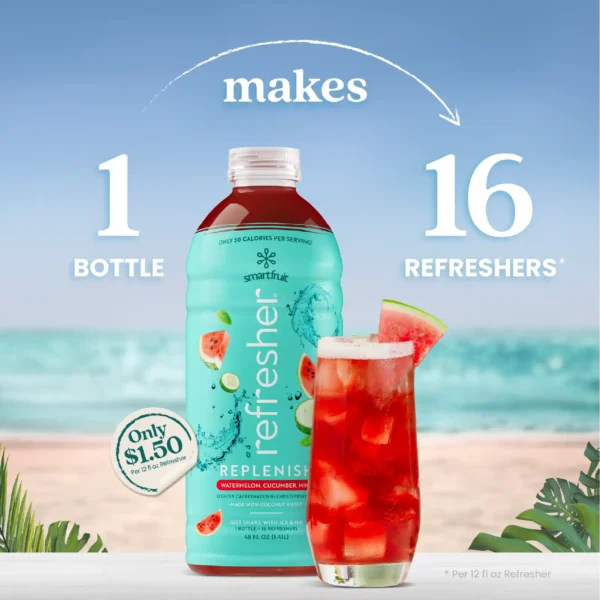 A bottle of Smartfruit Refresher Replenish lightly caffeinated blended fruit mix in Watermelon Cucumber Mint flavor displayed on a beach background beside a bright red refresher drink with ice and a watermelon wedge garnish. Text shows that one bottle makes 16 refreshers.
