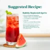 A refreshing red drink served in a tall glass filled with ice and garnished with mint leaves, with a watermelon wedge beside the glass. Text shows a suggested recipe called Bubbly Replenish Spritz made with Smartfruit Replenish Refresher, water or soda water, ice, fresh cucumber slice, and mint.