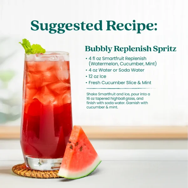 A refreshing red drink served in a tall glass filled with ice and garnished with mint leaves, with a watermelon wedge beside the glass. Text shows a suggested recipe called Bubbly Replenish Spritz made with Smartfruit Replenish Refresher, water or soda water, ice, fresh cucumber slice, and mint.