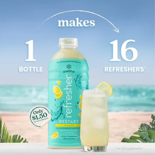 A bottle of Smartfruit Refresher Restart Lemonade lightly caffeinated blended fruit mix displayed on a beach background next to a pale yellow lemonade refresher drink with ice and a lemon slice garnish. Text shows that one bottle makes 16 refreshers.