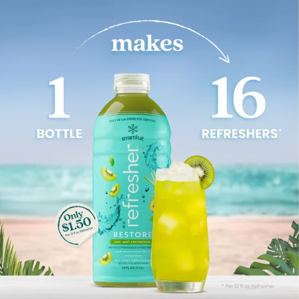A bottle of Smartfruit Refresher Restore Kiwi Mint Lemongrass lightly caffeinated blended fruit mix displayed on a beach background beside a bright yellow refresher drink with ice and a kiwi slice garnish. Text shows that one bottle makes 16 refreshers.