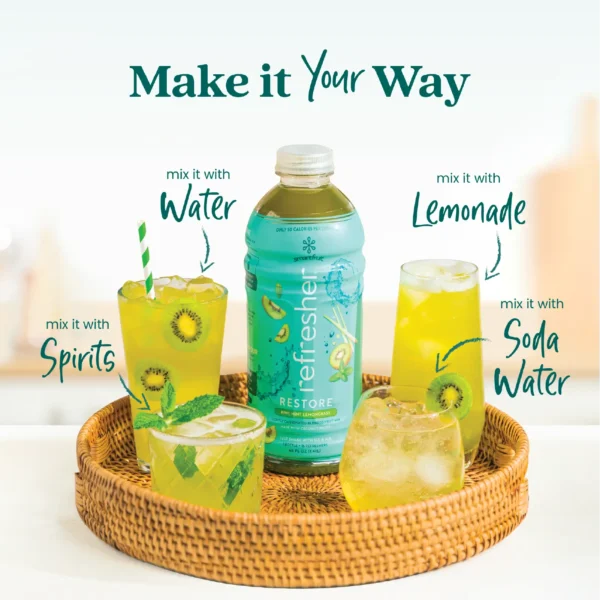 A Smartfruit Restore Refresher bottle placed on a woven tray surrounded by different drink options including refreshers mixed with water, lemonade, soda water, and a mint cocktail. Text highlights ways to mix the product including water, lemonade, soda water, and spirits.