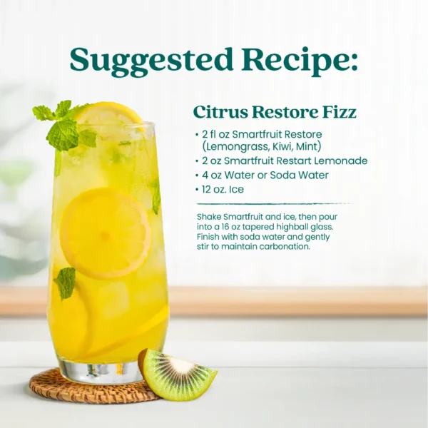 A tall citrus drink filled with ice, lemon slices, and mint leaves served in a highball glass with a kiwi slice beside the glass. Text shows a suggested recipe called Citrus Restore Fizz made with Smartfruit Restore Kiwi Mint Lemongrass, Smartfruit Restart Lemonade, water or soda water, and ice.
