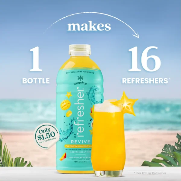 A bottle of Smartfruit Refresher Revive Star Fruit Passion Fruit Mango lightly caffeinated blended fruit mix displayed on a beach background beside a bright tropical yellow refresher drink with ice and a star fruit garnish. Text shows that one bottle makes 16 refreshers.