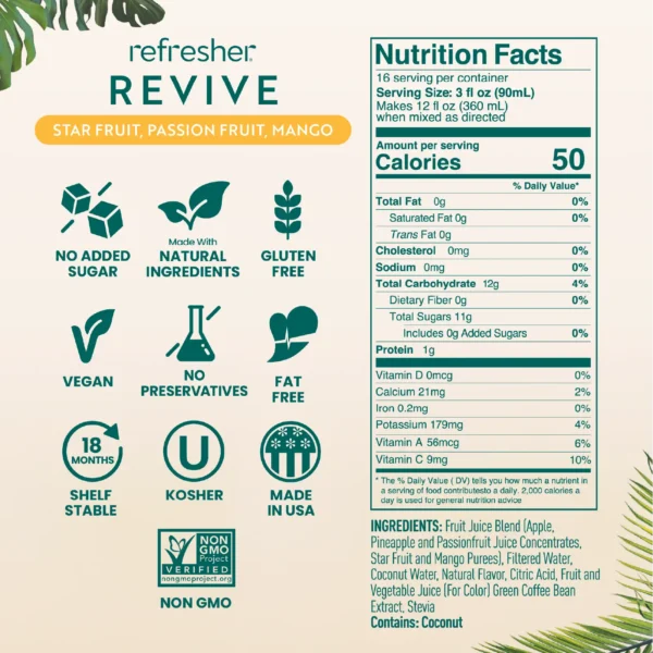 Product information graphic for Smartfruit Refresher Revive Star Fruit Passion Fruit Mango flavor showing icons for no added sugar, natural ingredients, gluten free, vegan, no preservatives, fat free, shelf stable, kosher, made in the USA, and non-GMO along with nutrition facts and ingredient list.