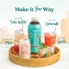 A Smartfruit Renew Refresher bottle placed on a woven tray surrounded by different drink options including a refresher with soda water, lemonade, milk, and a cocktail with mint garnish. Text highlights ways to mix the product including soda water, lemonade, milk, and spirits.