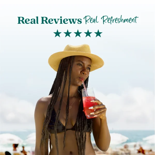 A woman wearing a straw hat stands at the beach while drinking a bright red refresher beverage through a straw. Text above reads “Real Reviews, Real Refreshment” with five stars.