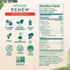Product information graphic for Smartfruit Refresher Renew Strawberry Açaí flavor showing icons for no added sugar, natural ingredients, gluten free, vegan, no preservatives, fat free, shelf stable, kosher, made in the USA, and non-GMO along with nutrition facts and ingredient list.