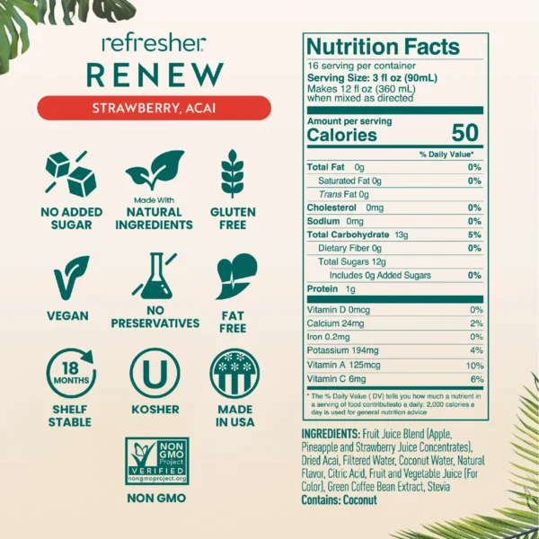 Product information graphic for Smartfruit Refresher Renew Strawberry Açaí flavor showing icons for no added sugar, natural ingredients, gluten free, vegan, no preservatives, fat free, shelf stable, kosher, made in the USA, and non-GMO along with nutrition facts and ingredient list.