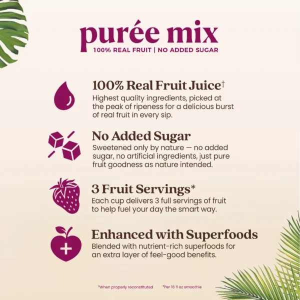 Graphic titled “Purée Mix – 100% Real Fruit | No Added Sugar” highlighting benefits such as 100% real fruit juice, no added sugar, three fruit servings per drink, and enhanced with superfoods.