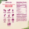 Product information graphic for Smartfruit Strawberry Bananza purée mix with prebiotic benefits showing icons for no added sugar, natural ingredients, gluten free, vegan, no preservatives, fat free, shelf stable, kosher, made in the USA, and non-GMO. Nutrition facts and ingredient list are displayed on the right.