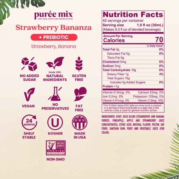 Product information graphic for Smartfruit Strawberry Bananza purée mix with prebiotic benefits showing icons for no added sugar, natural ingredients, gluten free, vegan, no preservatives, fat free, shelf stable, kosher, made in the USA, and non-GMO. Nutrition facts and ingredient list are displayed on the right.