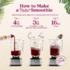 Step-by-step visual instructions showing Smartfruit purée being poured into a blender, followed by water or milk, then ice. Text reads “How to Make a Perfect Smoothie” and lists the steps: 4 fl oz Smartfruit, 3 fl oz water or milk, and 16 oz ice before blending.