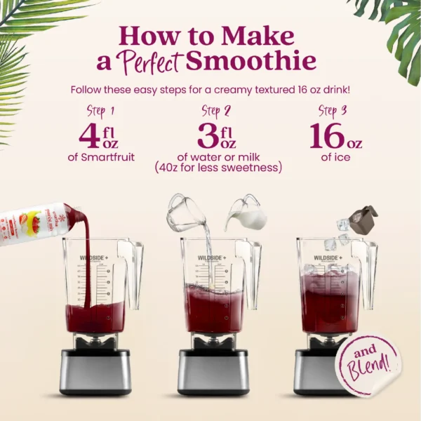 Step-by-step visual instructions showing Smartfruit purée being poured into a blender, followed by water or milk, then ice. Text reads “How to Make a Perfect Smoothie” and lists the steps: 4 fl oz Smartfruit, 3 fl oz water or milk, and 16 oz ice before blending.