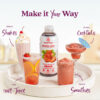 A Smartfruit Summer Strawberry purée mix bottle displayed on a white tray surrounded by strawberry drinks including a milkshake, strawberry juice, a frozen cocktail, and a smoothie. Text highlights different uses: shakes, 100% juice, cocktails, and smoothies.