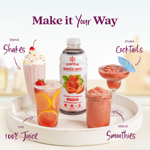 A Smartfruit Summer Strawberry purée mix bottle displayed on a white tray surrounded by strawberry drinks including a milkshake, strawberry juice, a frozen cocktail, and a smoothie. Text highlights different uses: shakes, 100% juice, cocktails, and smoothies.