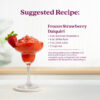 A frozen strawberry daiquiri served in a margarita glass and garnished with a fresh strawberry. Text shows a suggested recipe for a Frozen Strawberry Daiquiri made with Summer Strawberry purée, white rum, lime juice, and ice.