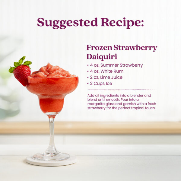 A frozen strawberry daiquiri served in a margarita glass and garnished with a fresh strawberry. Text shows a suggested recipe for a Frozen Strawberry Daiquiri made with Summer Strawberry purée, white rum, lime juice, and ice.