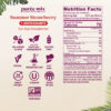 Product information graphic for Smartfruit Summer Strawberry purée mix with antioxidant benefits showing icons for no added sugar, natural ingredients, gluten free, vegan, no preservatives, fat free, shelf stable, kosher, made in the USA, and non-GMO. Nutrition facts and ingredient list are displayed on the right.