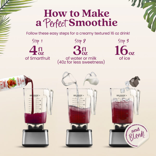Step-by-step visual instructions showing Smartfruit purée being poured into a blender, followed by water or milk, then ice. Text reads “How to Make a Perfect Smoothie” and lists the steps: 4 fl oz Smartfruit, 3 fl oz water or milk, and 16 oz ice before blending.