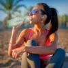 Woman on a beach drinking from the Smartfruit Rincon Bottle