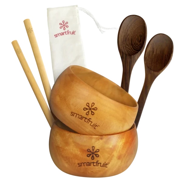 Bamboo coconut bowl set including wooden spoons, bamboo straws, and pouch