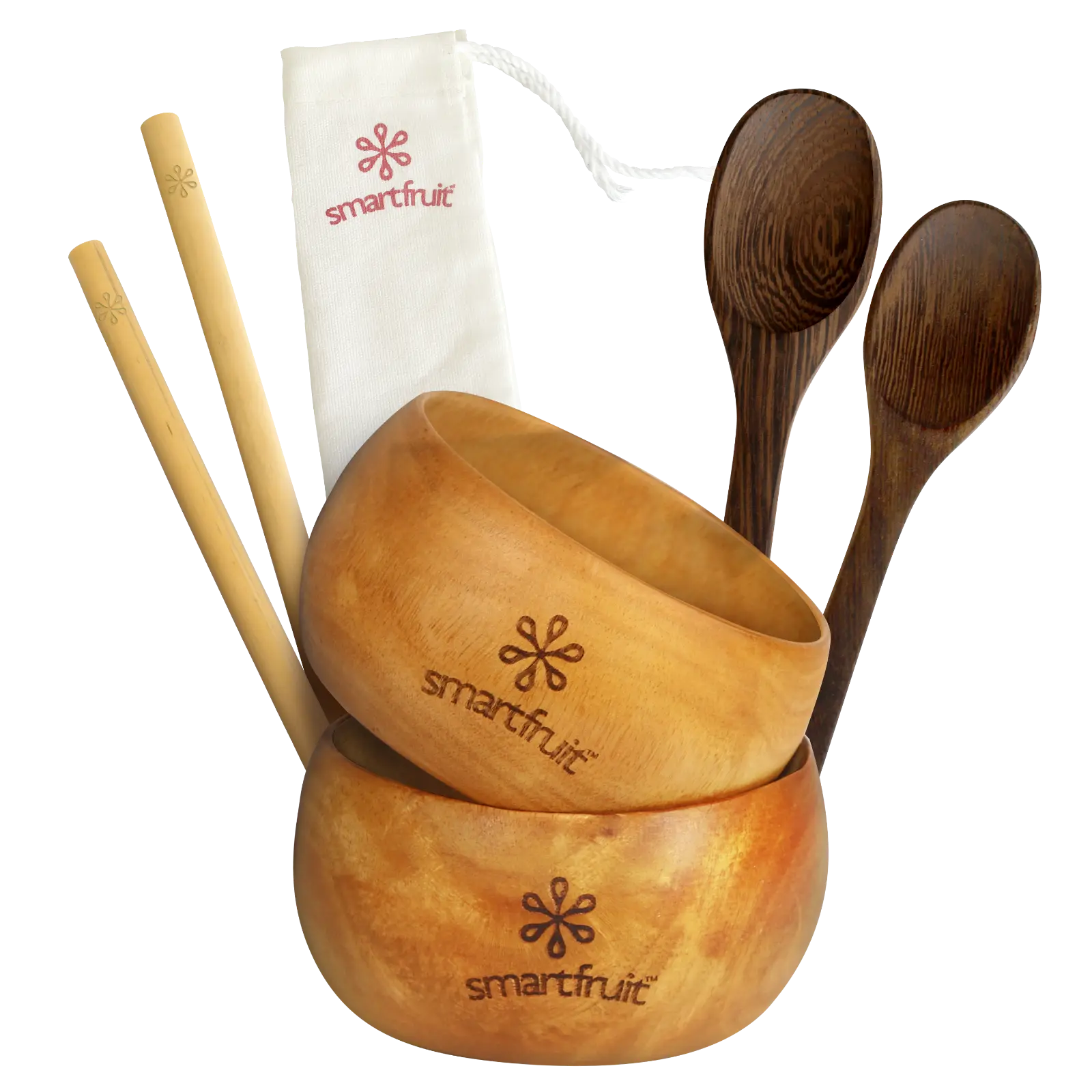 Bamboo coconut bowl set including wooden spoons, bamboo straws, and pouch