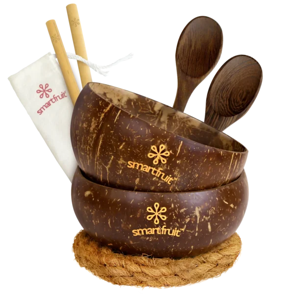 Jumbo coconut bowl set including wooden spoons, bamboo straws, husk fibre ring, and pouch