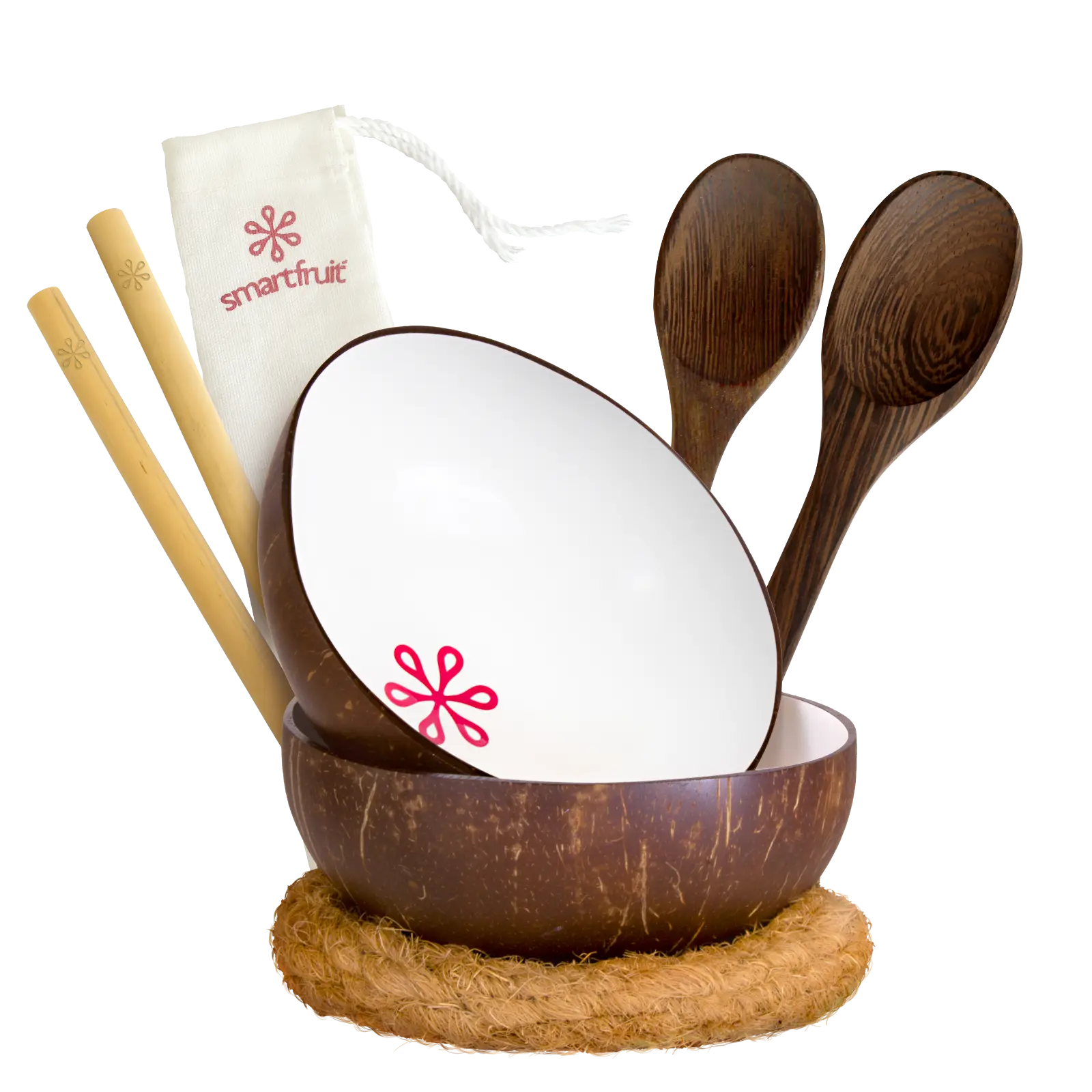 White coconut bowl set including bamboo straws, fiber rings, wooden spoons, and pouch