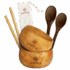 Bamboo coconut bowl set including wooden spoons, bamboo straws, and pouch