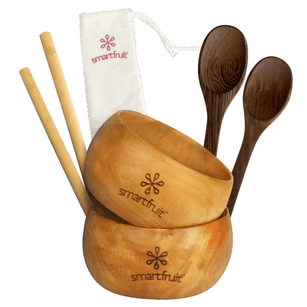 Bamboo coconut bowl set including wooden spoons, bamboo straws, and pouch