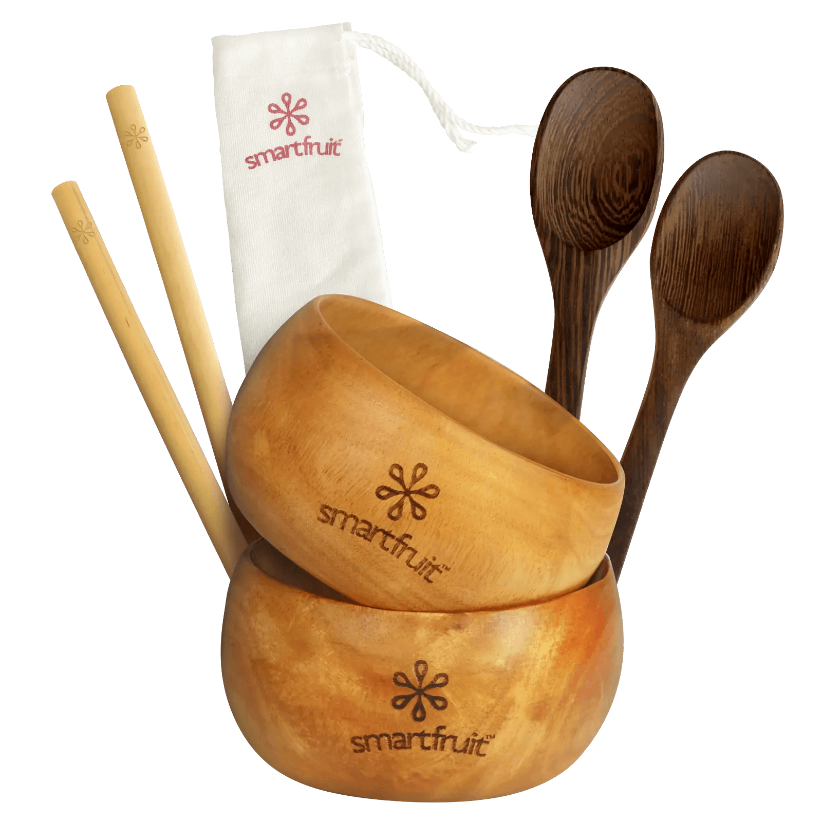 Bamboo coconut bowl set including wooden spoons, bamboo straws, and pouch