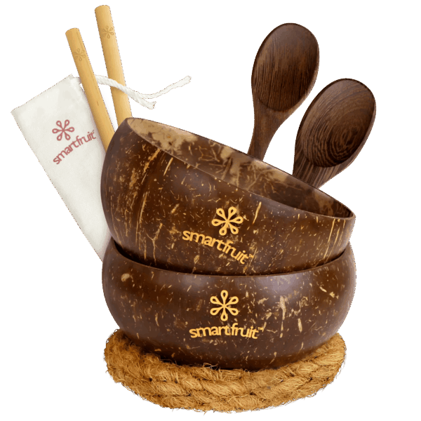 Jumbo coconut bowl set including wooden spoons, bamboo straws, husk fibre ring, and pouch