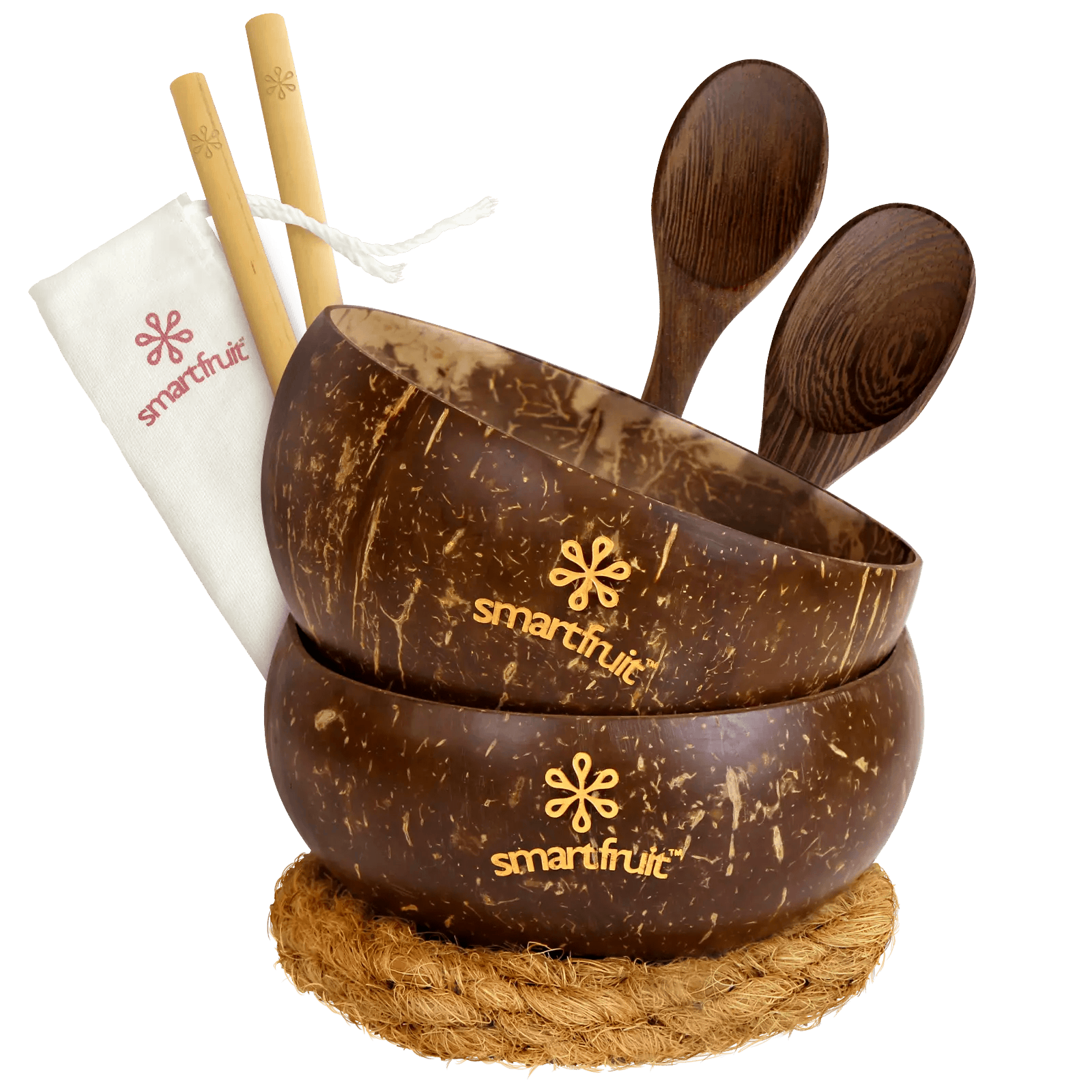 Jumbo coconut bowl set including wooden spoons, bamboo straws, husk fibre ring, and pouch