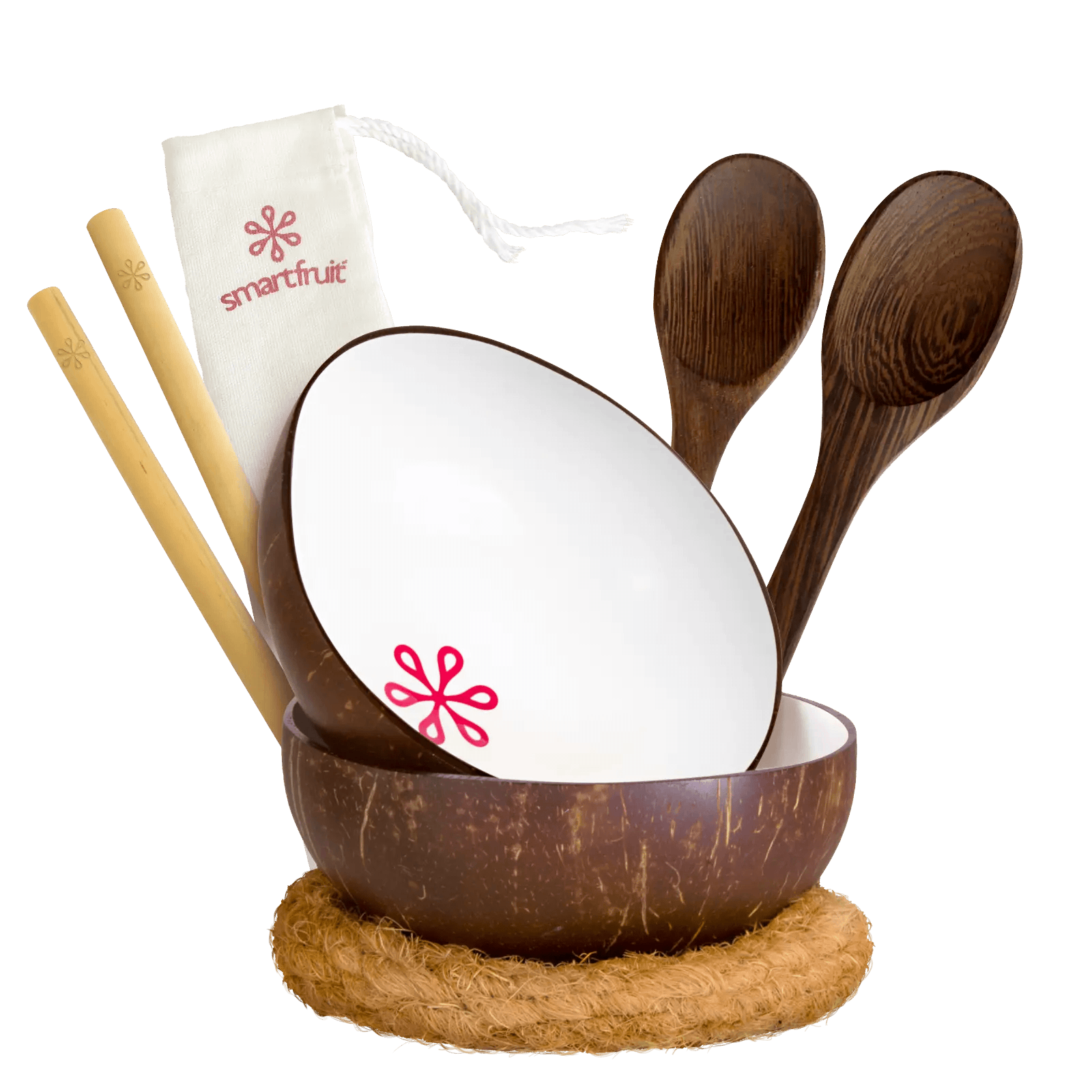 White coconut bowl set including bamboo straws, fiber rings, wooden spoons, and pouch