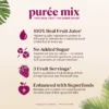 Graphic titled “Purée Mix – 100% Real Fruit | No Added Sugar” highlighting benefits such as 100% real fruit juice, no added sugar, three fruit servings per drink, and enhanced with superfoods.