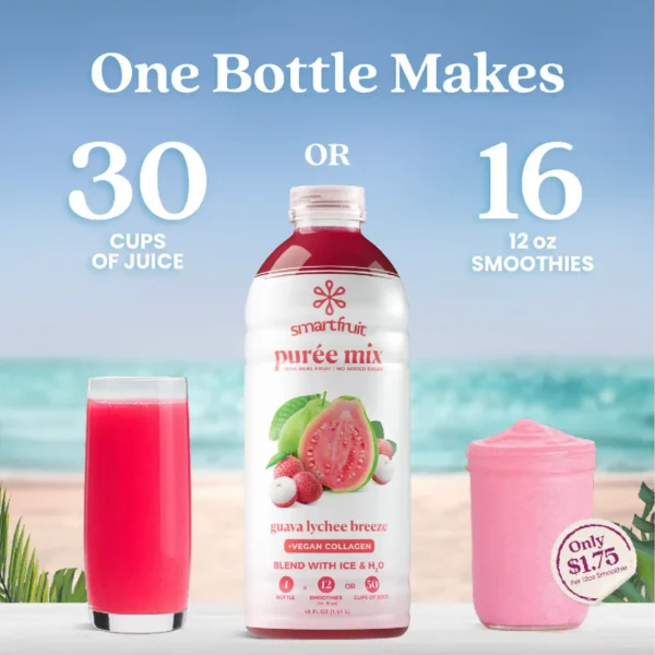 A bottle of Smartfruit Guava Lychee Breeze purée mix displayed between a glass of bright pink juice and a pink smoothie. Text explains that one bottle makes either 30 cups of juice or 16 twelve-ounce smoothies, with a note indicating about $1.75 per smoothie.
