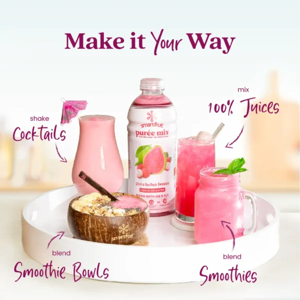 A Smartfruit Guava Lychee Breeze purée mix bottle displayed on a white tray surrounded by pink beverages including a smoothie, smoothie bowl, juice, and cocktail. Text highlights different uses: cocktails, smoothie bowls, smoothies, and 100% juices.