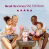 A smiling family sitting outdoors near the ocean enjoys pink smoothies together while a bottle of Smartfruit Guava Lychee Breeze purée mix sits on a table in front of them. Text above reads “Real Reviews, Real Refreshment” with five stars.