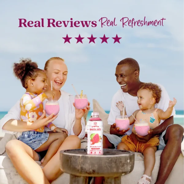 A smiling family sitting outdoors near the ocean enjoys pink smoothies together while a bottle of Smartfruit Guava Lychee Breeze purée mix sits on a table in front of them. Text above reads “Real Reviews, Real Refreshment” with five stars.