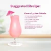 A light pink Guava Lychee Colada mocktail served in a hurricane glass with a pink cocktail umbrella garnish. To the right, text reads “Suggested Recipe: Guava Lychee Colada” with ingredients including Guava Lychee Breeze, coconut cream, fresh lime juice, coconut water, and ice, followed by instructions to blend until smooth and pour into a hurricane glass.