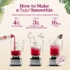 Step-by-step visual instructions showing Smartfruit purée being poured into a blender, followed by water or milk, then ice. Text reads “How to Make a Perfect Smoothie” and lists the steps: 4 fl oz Smartfruit, 3 fl oz water or milk, and 16 oz ice before blending.