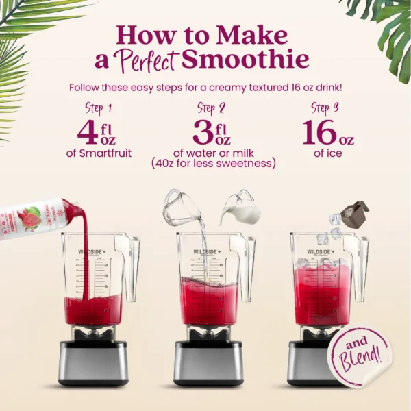 Step-by-step visual instructions showing Smartfruit purée being poured into a blender, followed by water or milk, then ice. Text reads “How to Make a Perfect Smoothie” and lists the steps: 4 fl oz Smartfruit, 3 fl oz water or milk, and 16 oz ice before blending.