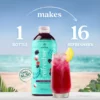 A bottle of Smartfruit Rebloom Refresher displayed on a beach background beside a glass of bright pink refresher drink with ice and a lemon wedge. Text shows that one bottle makes 16 refreshers.
