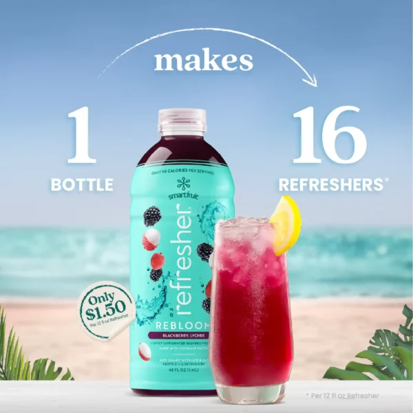A bottle of Smartfruit Rebloom Refresher displayed on a beach background beside a glass of bright pink refresher drink with ice and a lemon wedge. Text shows that one bottle makes 16 refreshers.