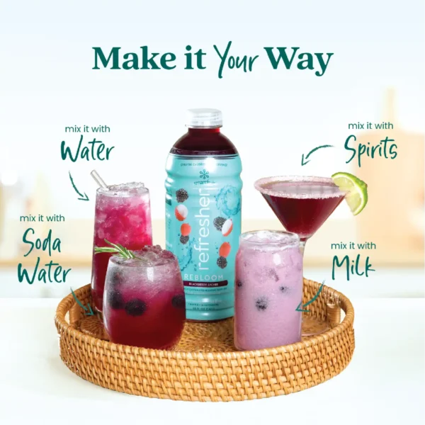 A Smartfruit Rebloom Refresher bottle placed on a tray surrounded by different drink options including a refresher with soda water, a martini cocktail, a milk-based drink, and a sparkling refresher, showing different ways to mix the product.
