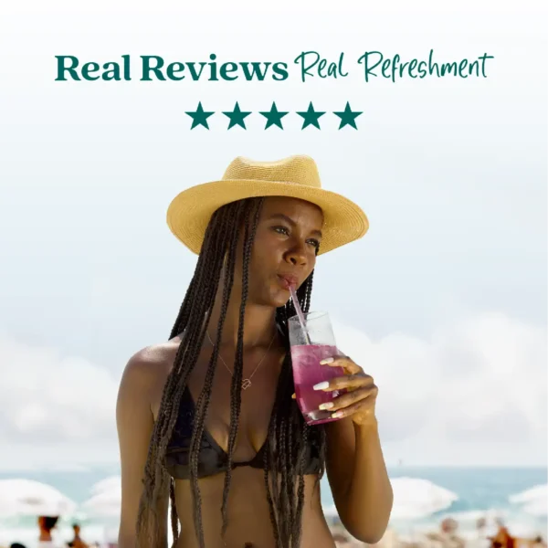 A woman wearing a straw hat at the beach drinks a pink refresher beverage through a straw. Text above reads “Real Reviews, Real Refreshment” with five stars.