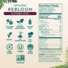 Product information graphic for Smartfruit Rebloom Refresher Blackberry Lychee flavor showing icons for no added sugar, natural ingredients, gluten free, vegan, no preservatives, fat free, shelf stable, kosher, made in the USA, and non-GMO along with nutrition facts and ingredients.
