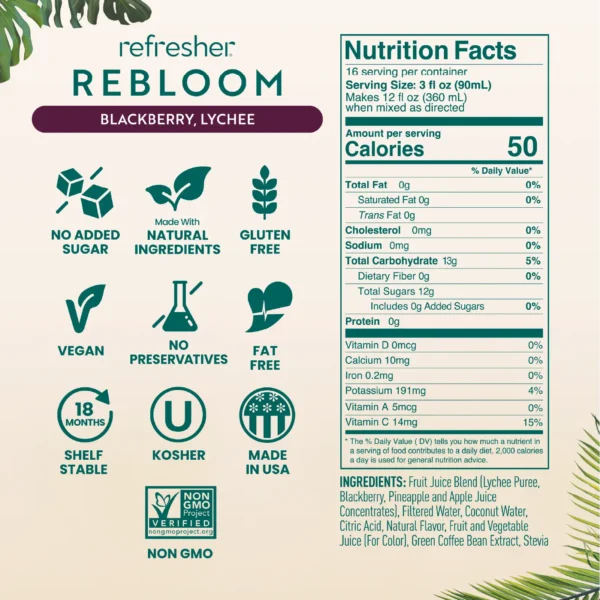 Product information graphic for Smartfruit Rebloom Refresher Blackberry Lychee flavor showing icons for no added sugar, natural ingredients, gluten free, vegan, no preservatives, fat free, shelf stable, kosher, made in the USA, and non-GMO along with nutrition facts and ingredients.