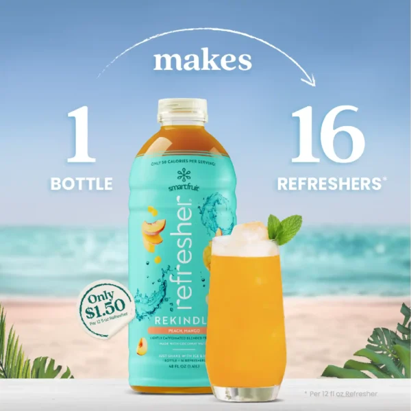 A bottle of Smartfruit Refresher Rekindle lightly caffeinated blended fruit mix in Peach Mango flavor displayed on a beach background beside a bright orange refresher drink with ice and mint garnish. Text shows that one bottle makes 16 refreshers.